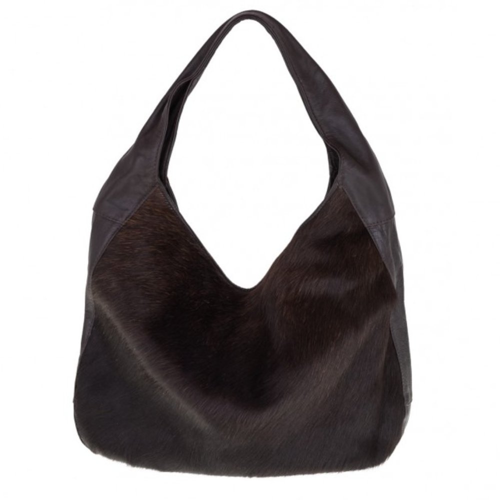 MOOI Linda Dark Chocolate Brown Cowhide + Leather Hobo Bag (Hard to Find)